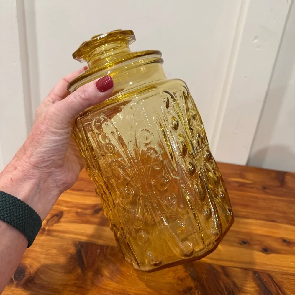 Vtg L E Smith Atterbury Scroll Amber Gold Glass Large Apothecary Jar Canister